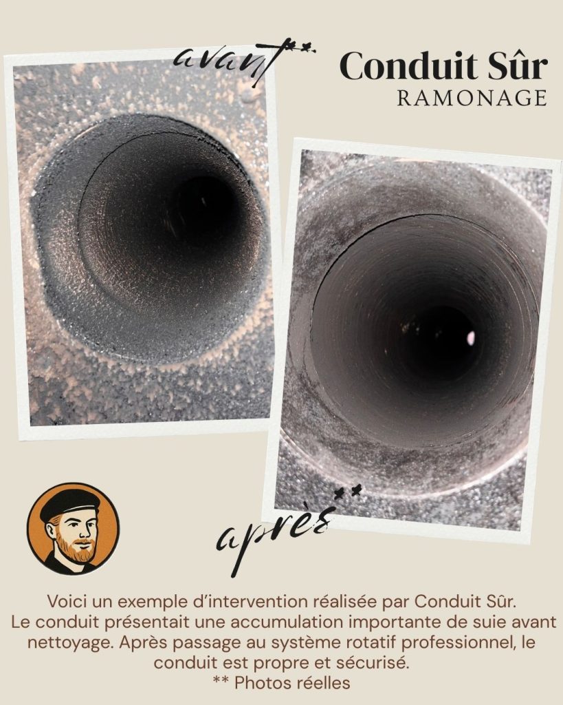 Avant ramonage conduit cheminée à Vinça 66320 Après ramonage conduit propre à Vinça par Conduit Sûr Ramoneur à Vinça en intervention sur poêle à bois