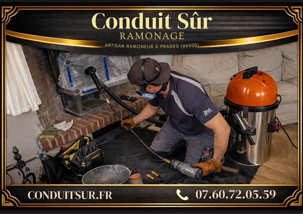 Artisan ramoneur à Prades réalisant un nettoyage de conduit avec matériel professionnel rotatif dans les Pyrénées-Orientales